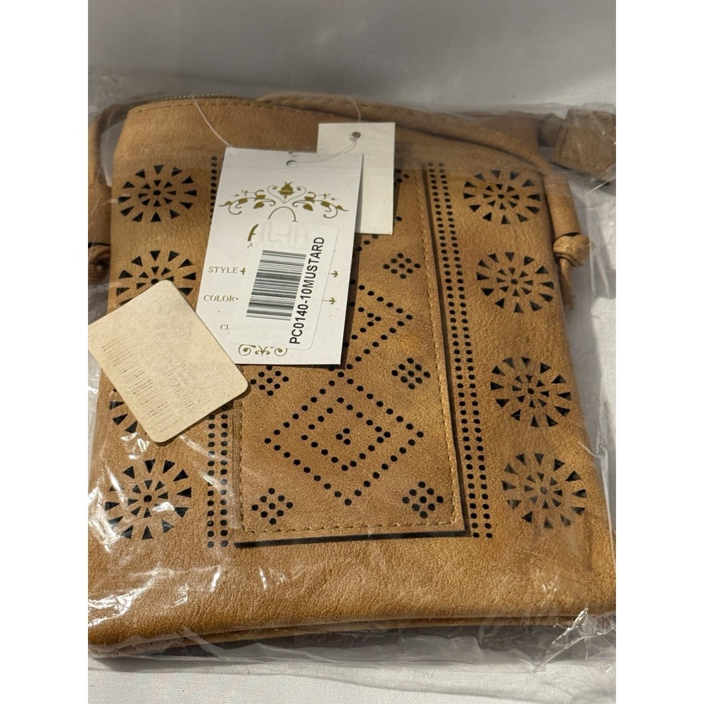 Alfa Bags Tan Laser Cut Crossbody Bag Small Faux Leather Purse NWT - Picture 11 of 11